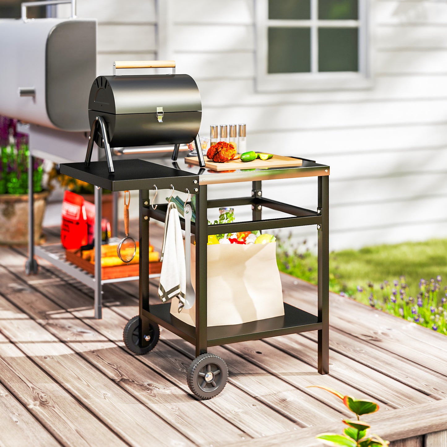 BBQ Trolley with Stainless Steel Top and Foldable Side Table
