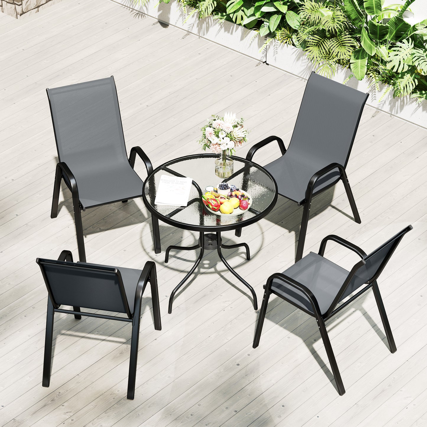 Five-Piece Steel Patio Set, with Glass-Top Table