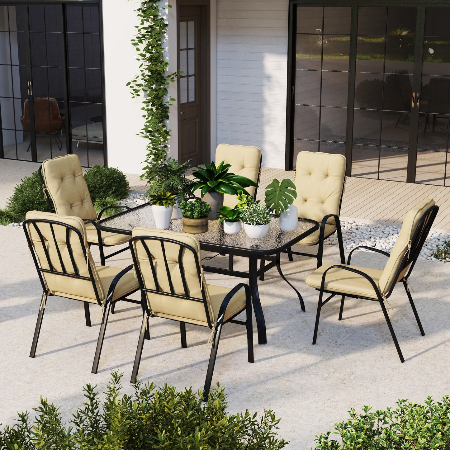 Seven-Piece Garden Dining Set with Ripple Tempered Glass Tabletop