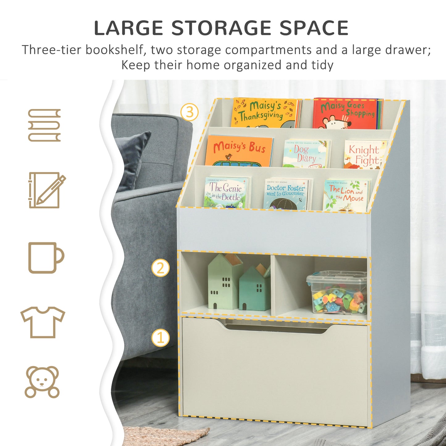 Kids Bookshelf, Toy Organiser, with Storage Drawer, Wheels