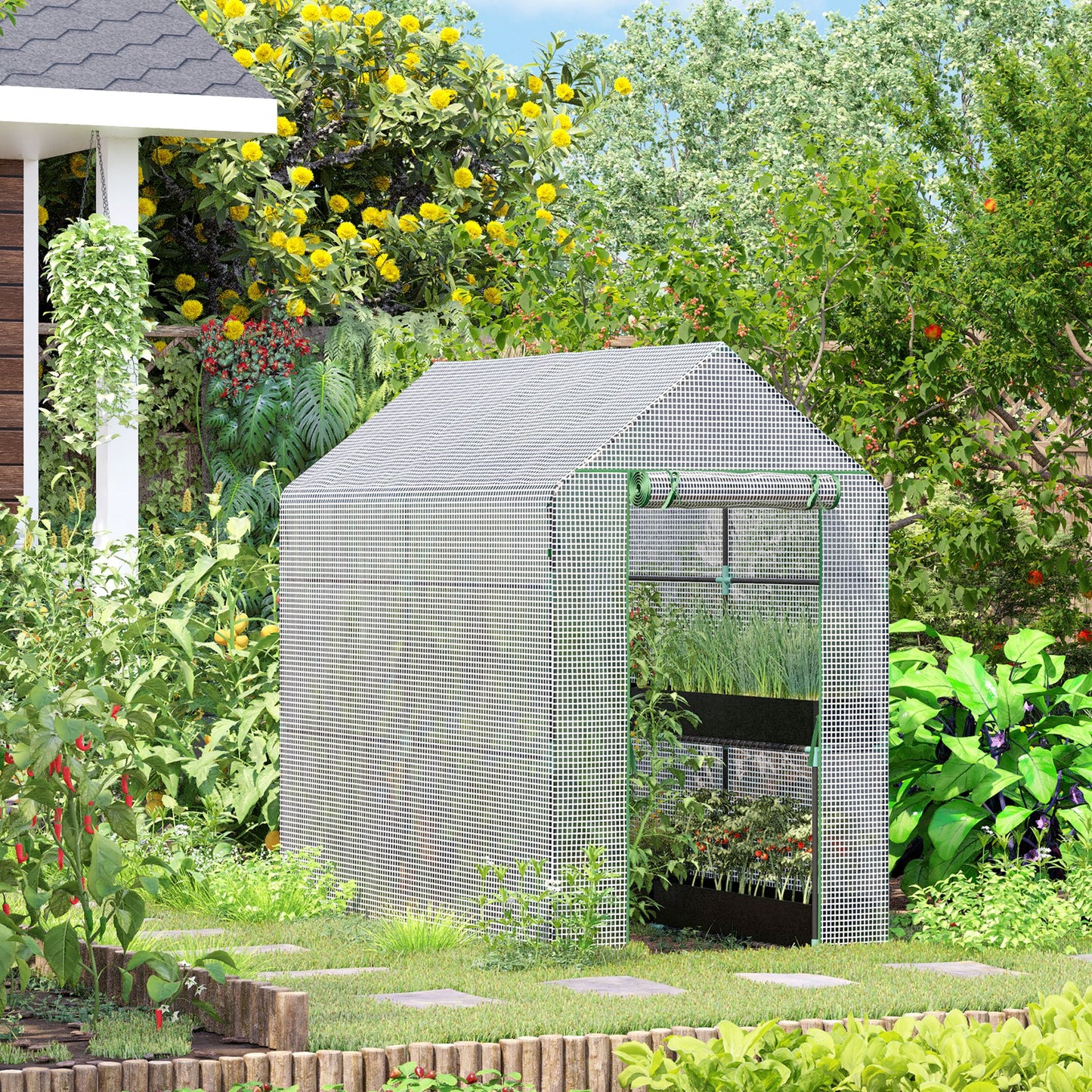 Walk In Greenhouse with 2-Tier Shelves, Roll up Zip Panel Door