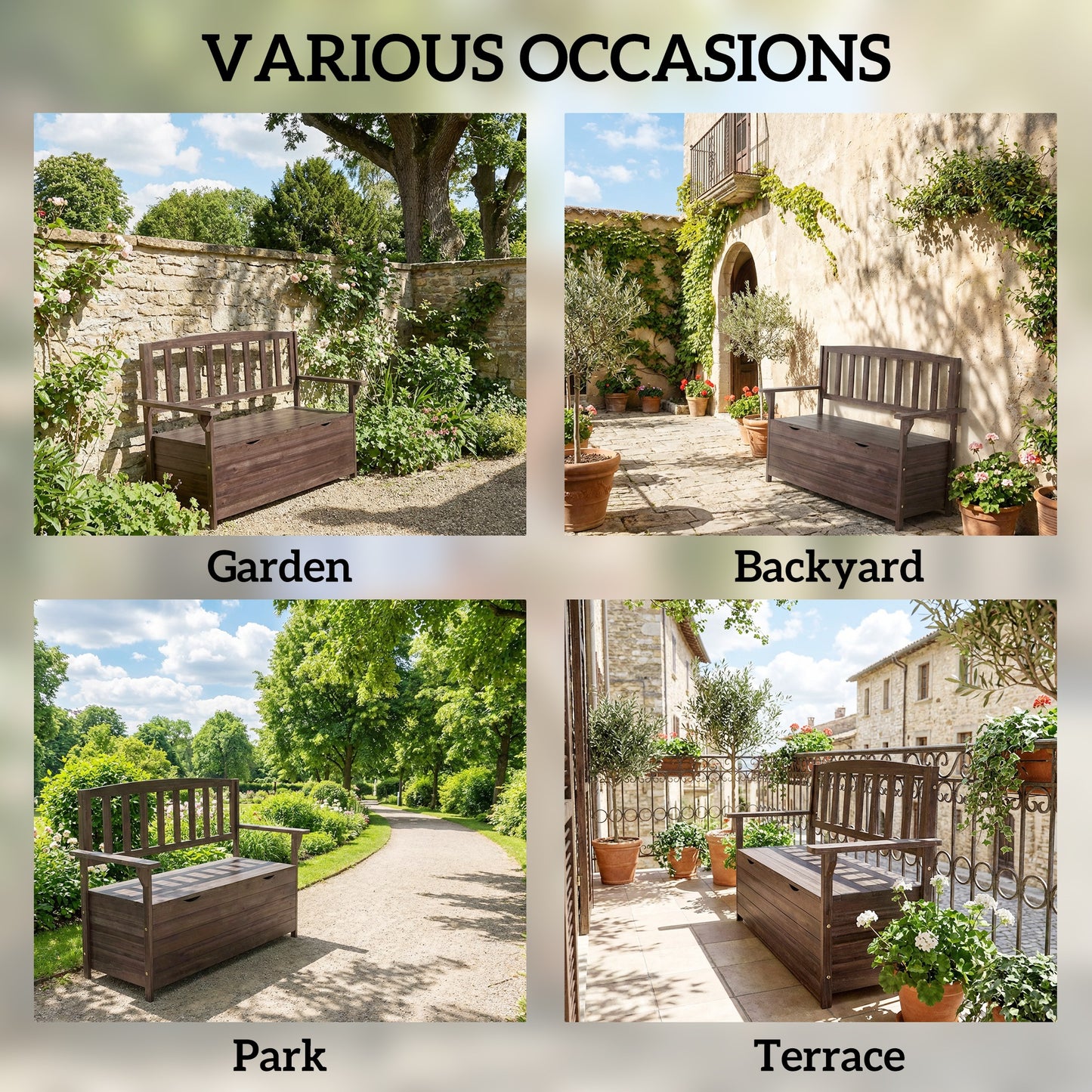 Outdoor 2 Seater Garden Bench, Wooden Bench with Storage, Backrest