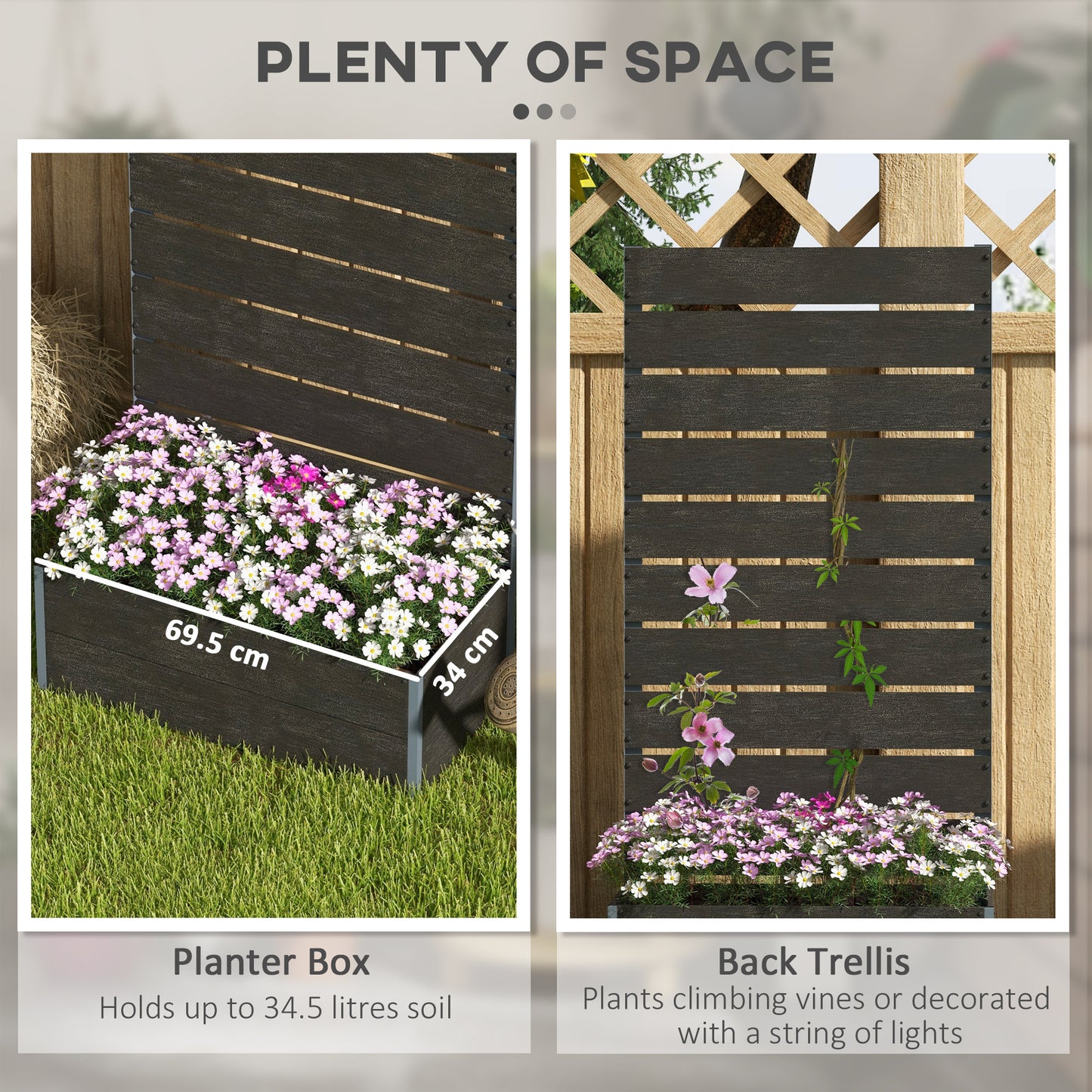 34 x 69.5cm Garden Planter Box, with Back Trellis
