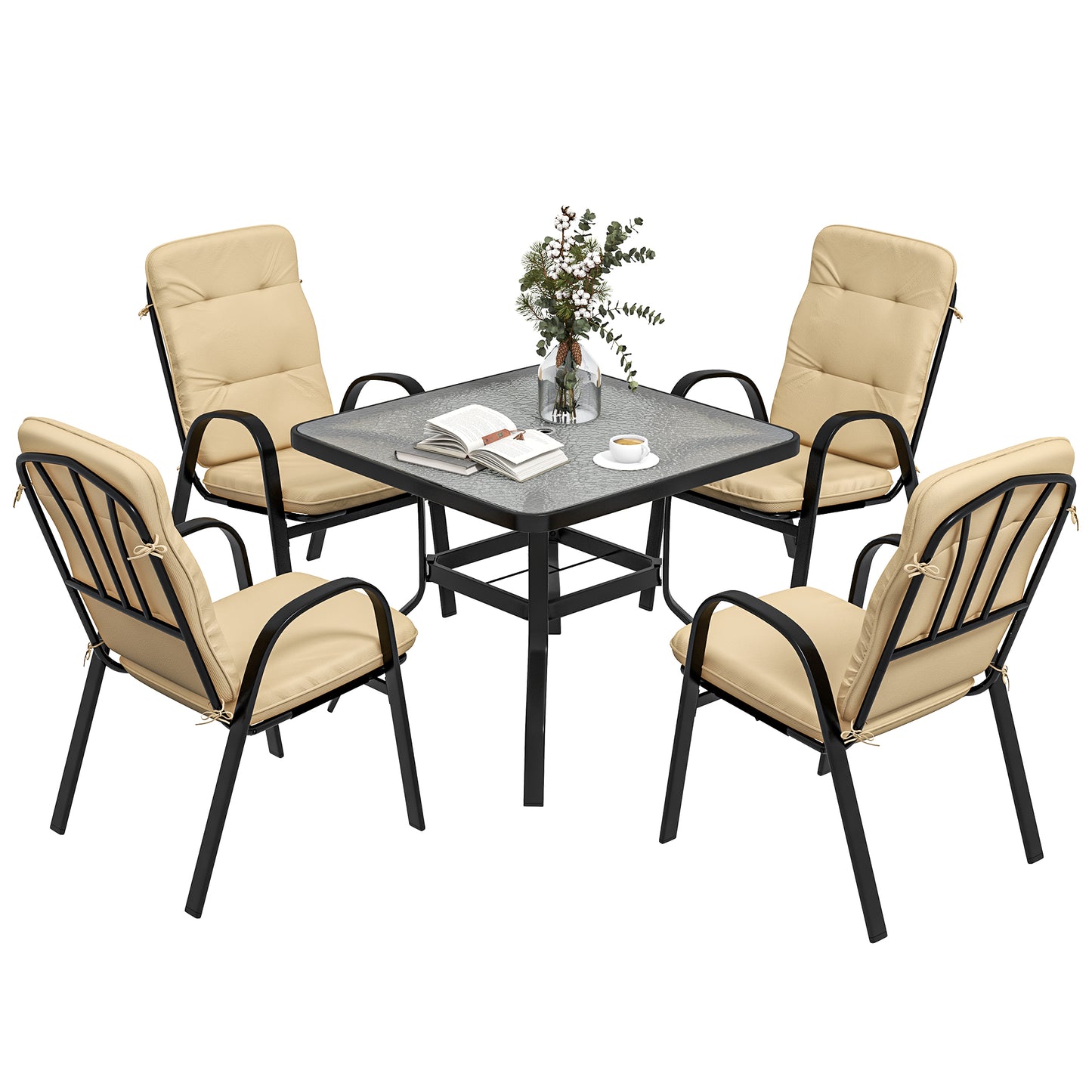 5 Pieces Outdoor Square Garden Dining Set w/ Tempered Glass Dining