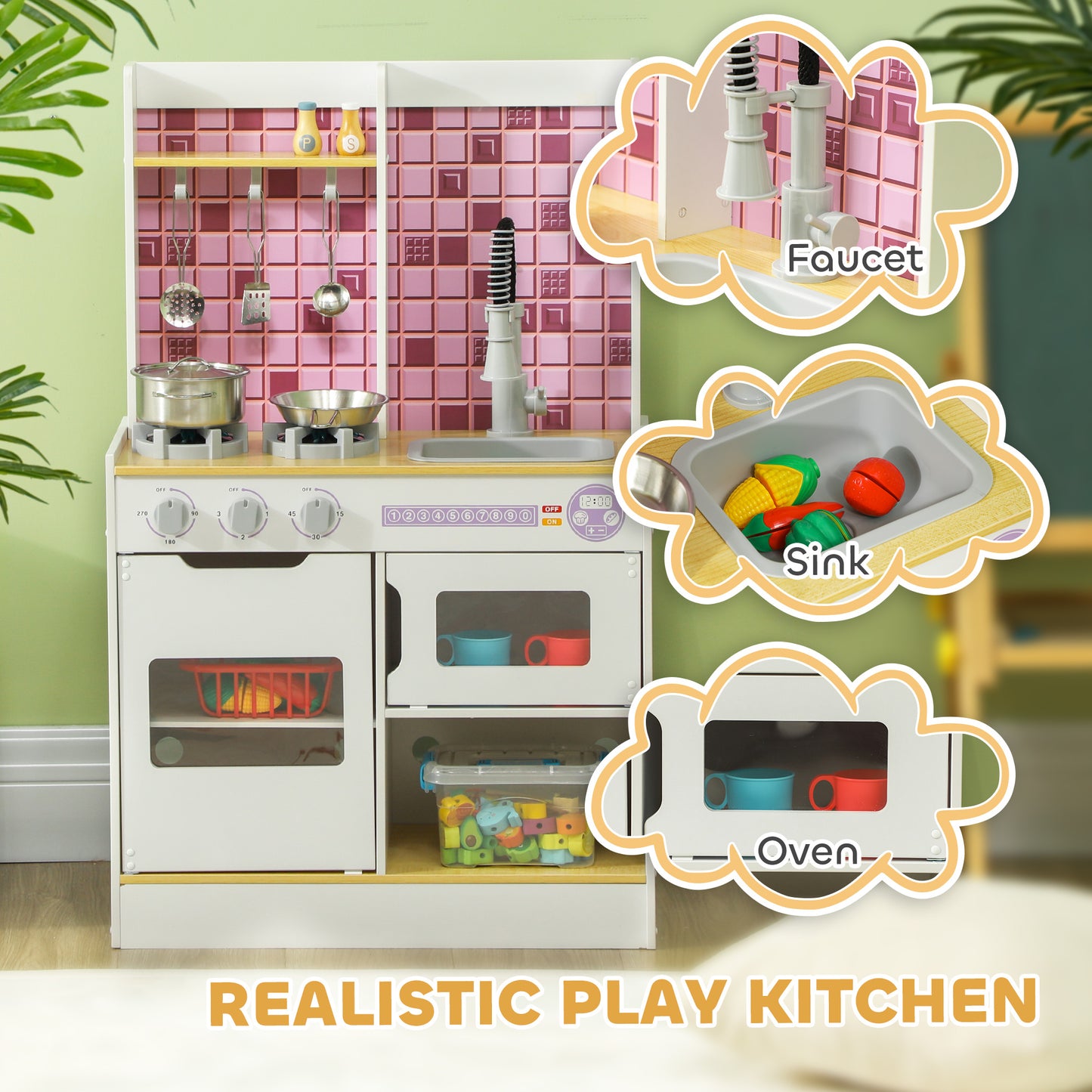 Kids Play Kitchen, Pretend Play Kitchen with Realistic Oven, Stove