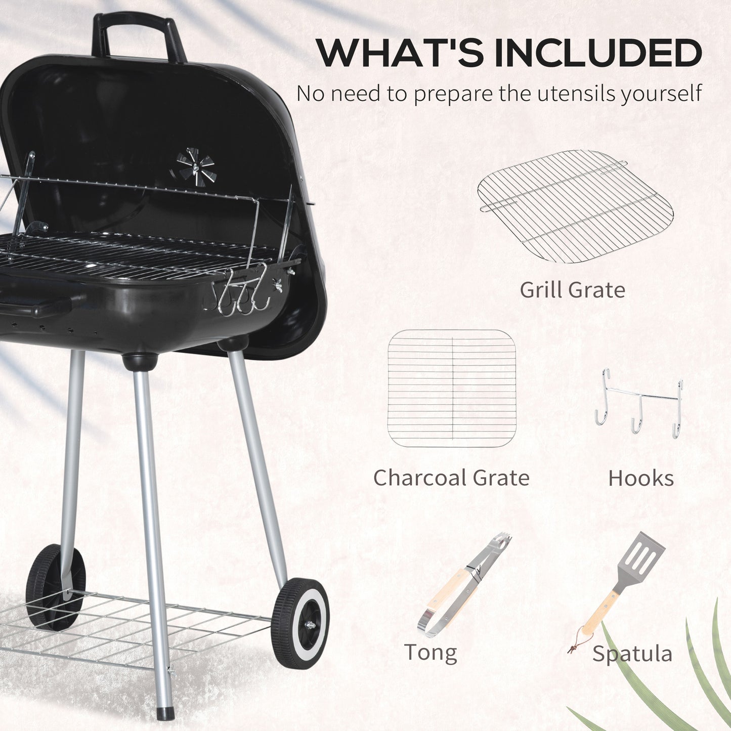 Portable BBQ Charcoal Grill with 2 Wheels and Cooking Utensils