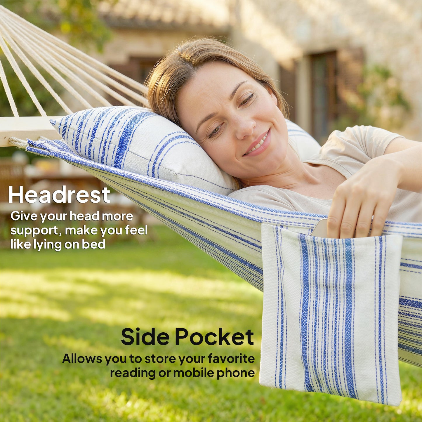 Cotton Hammock, Soft Portable Swing Sleeping w/ Headrest & Side (1)