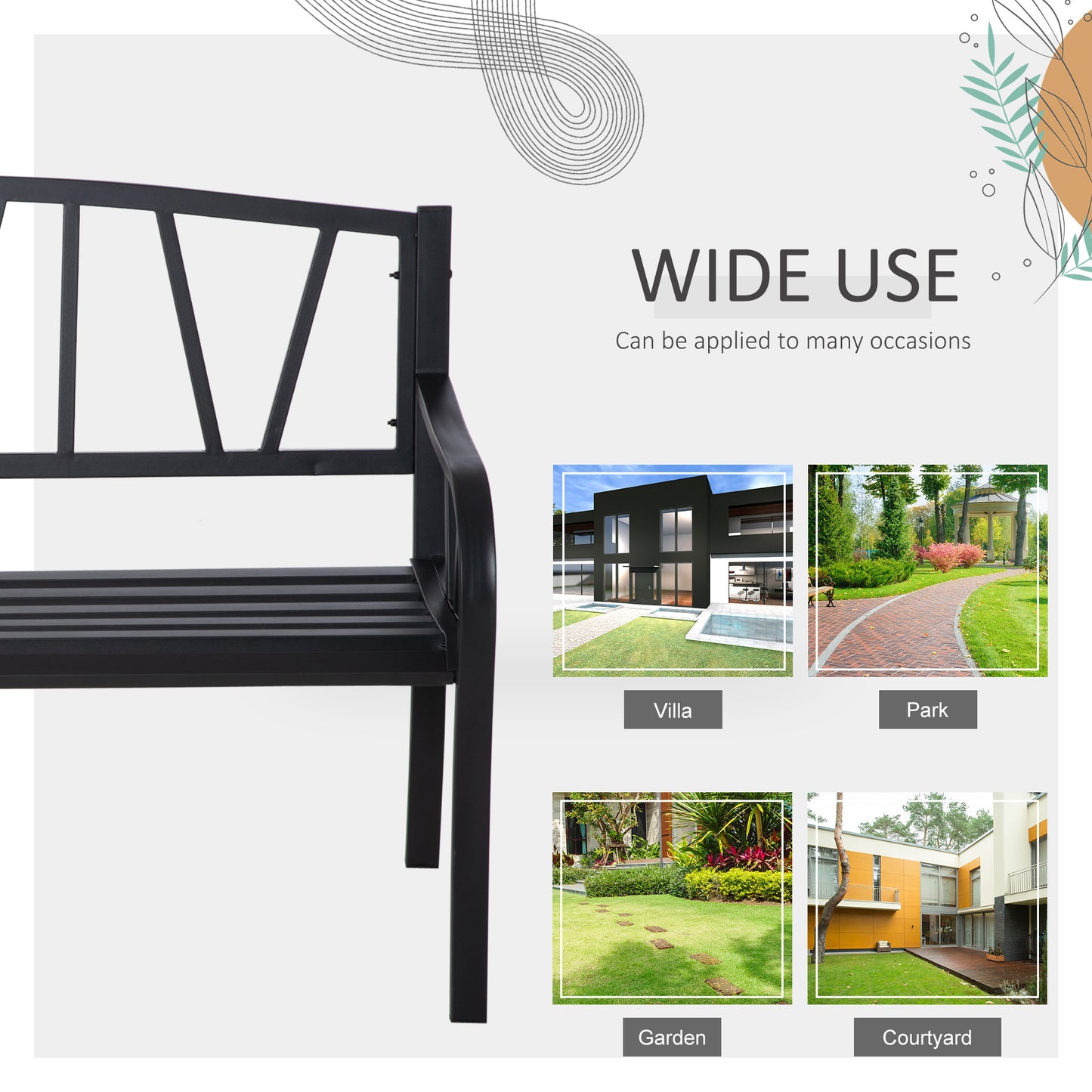 2-Seater Garden Bench Metal Loveseat w/ Decorative Backrest