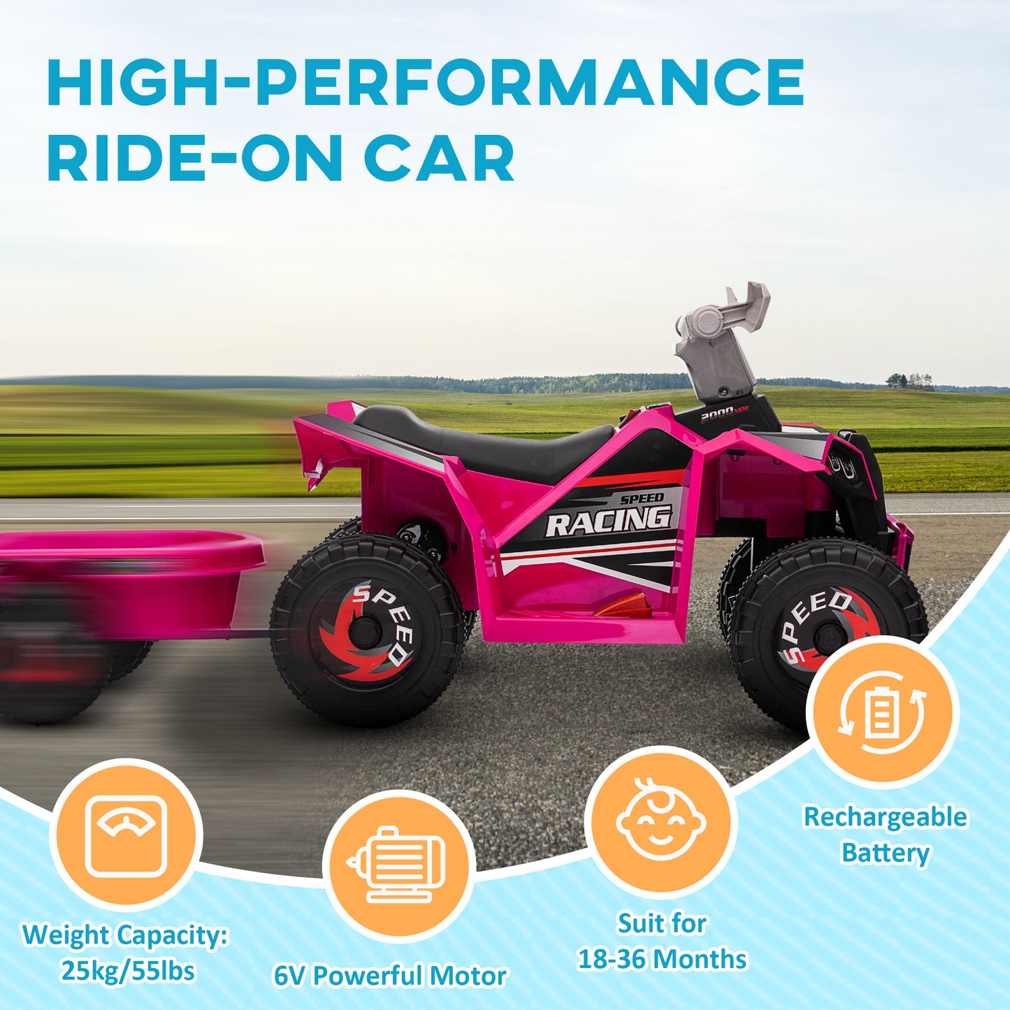 6V Quad Bike with Back Trailer, Wear-Resistant Wheels
