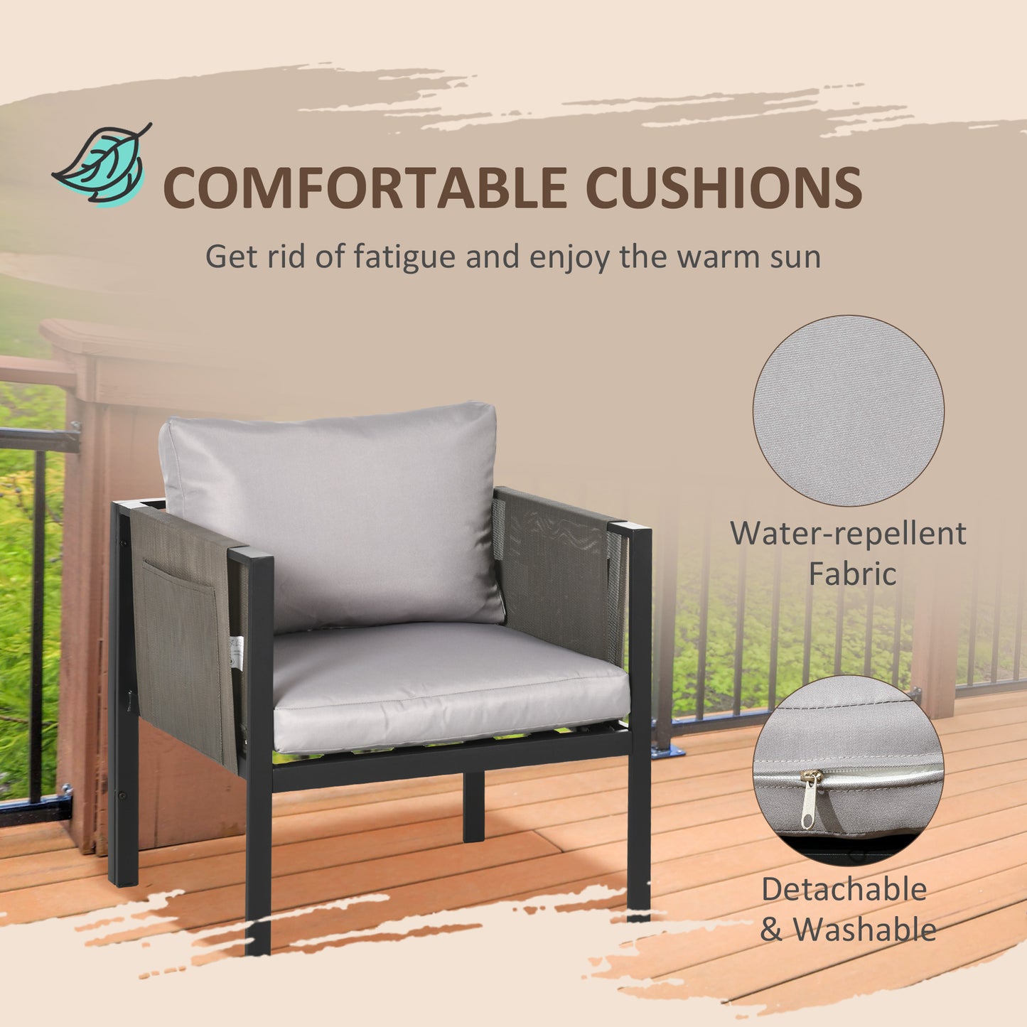 4 Piece Metal Garden Furniture Set with Tempered Glass Coffee Table