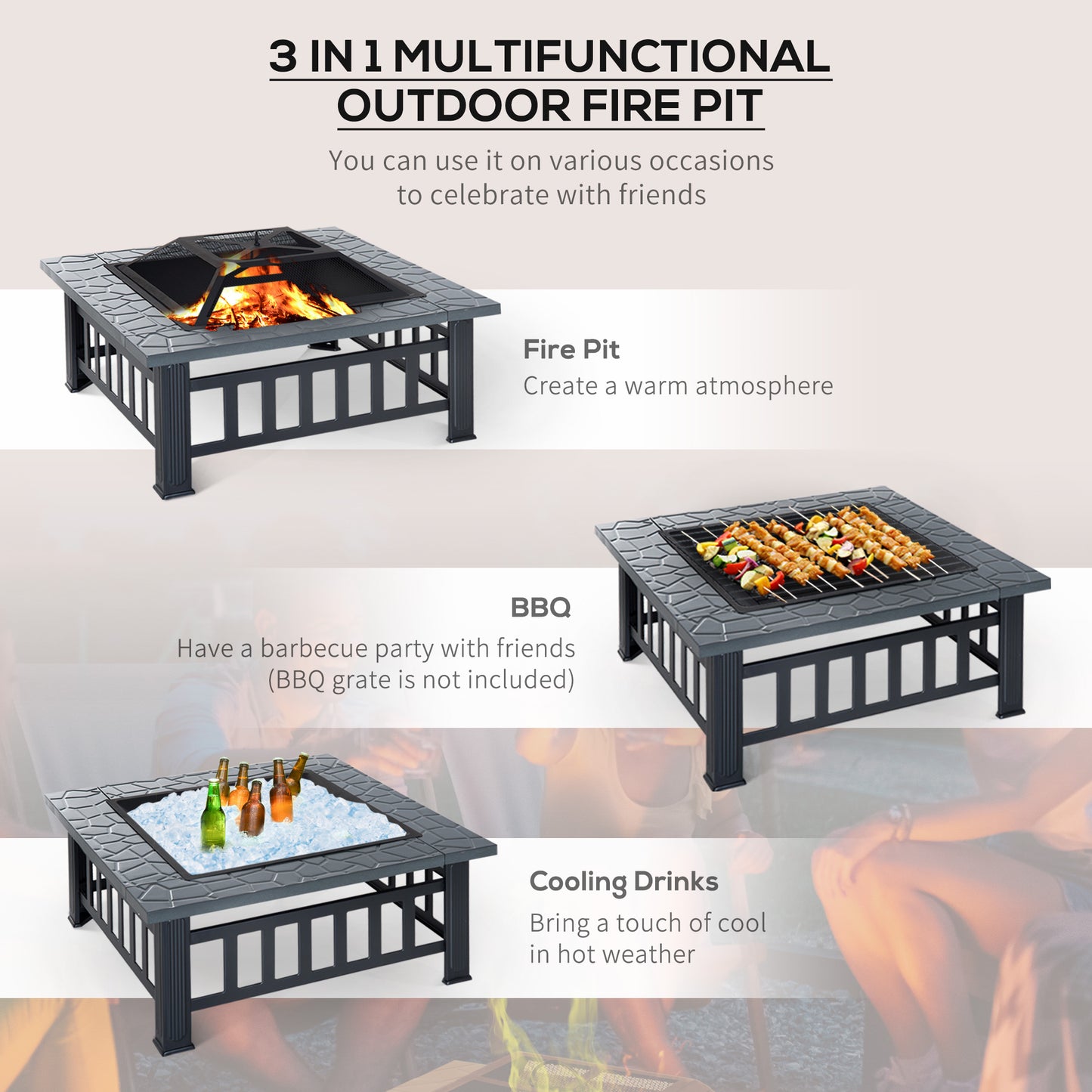 Metal Large Firepit Outdoor Square Fire Pit Brazier with Rain Cover