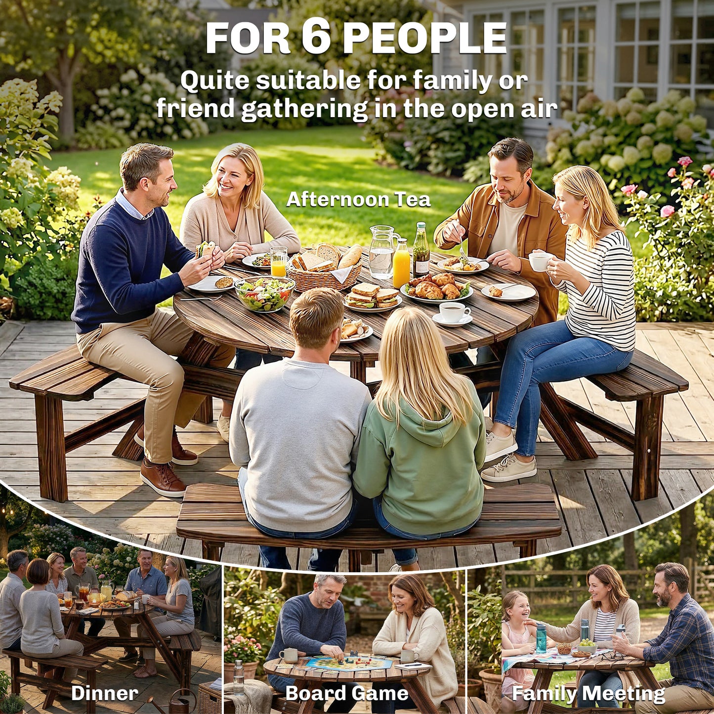 Wooden Garden Dining Set, 6 Seater Round Dining Picnic Table (2)