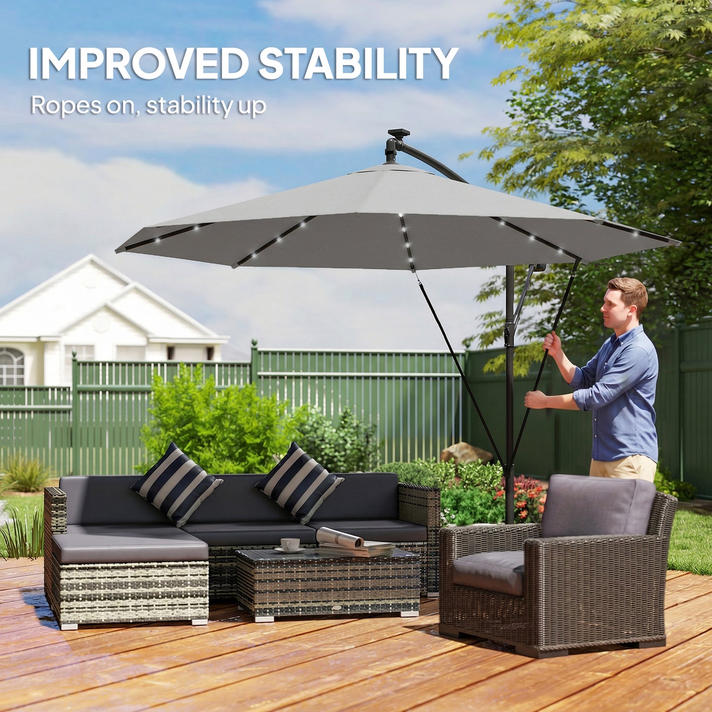 3 m Cantilever Parasol with Solar LED Lights Garden Umbrella