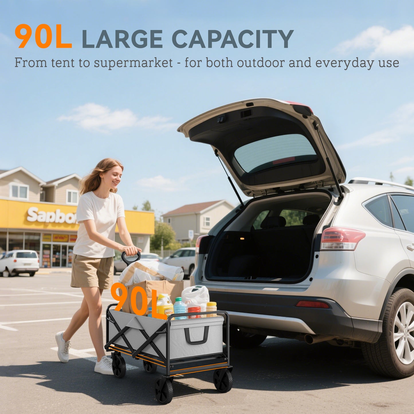 Folding Pull Along Cart Cargo Wagon Trolley with Telescopic Handle
