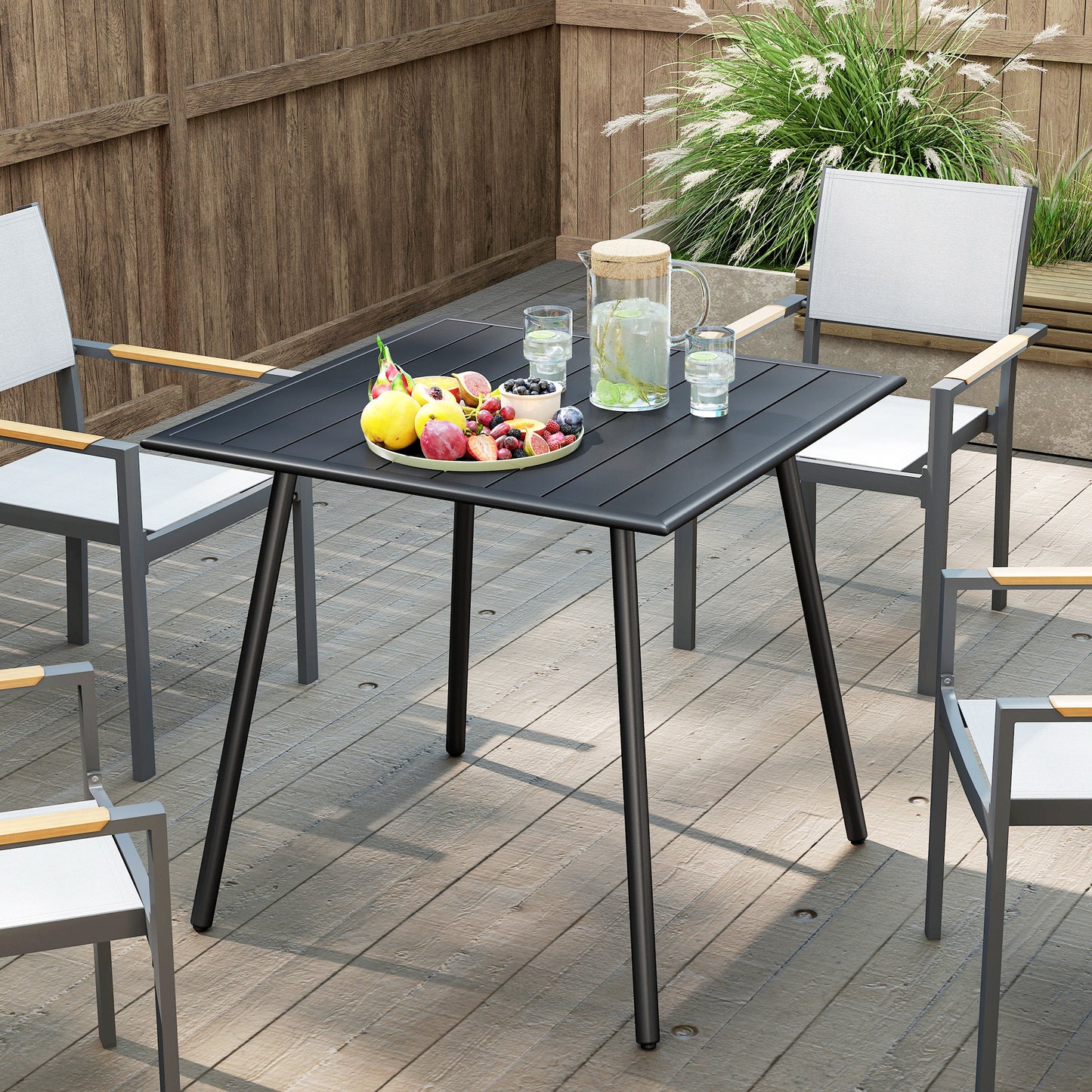 Square Garden Table with Slat Top, Steel Frame