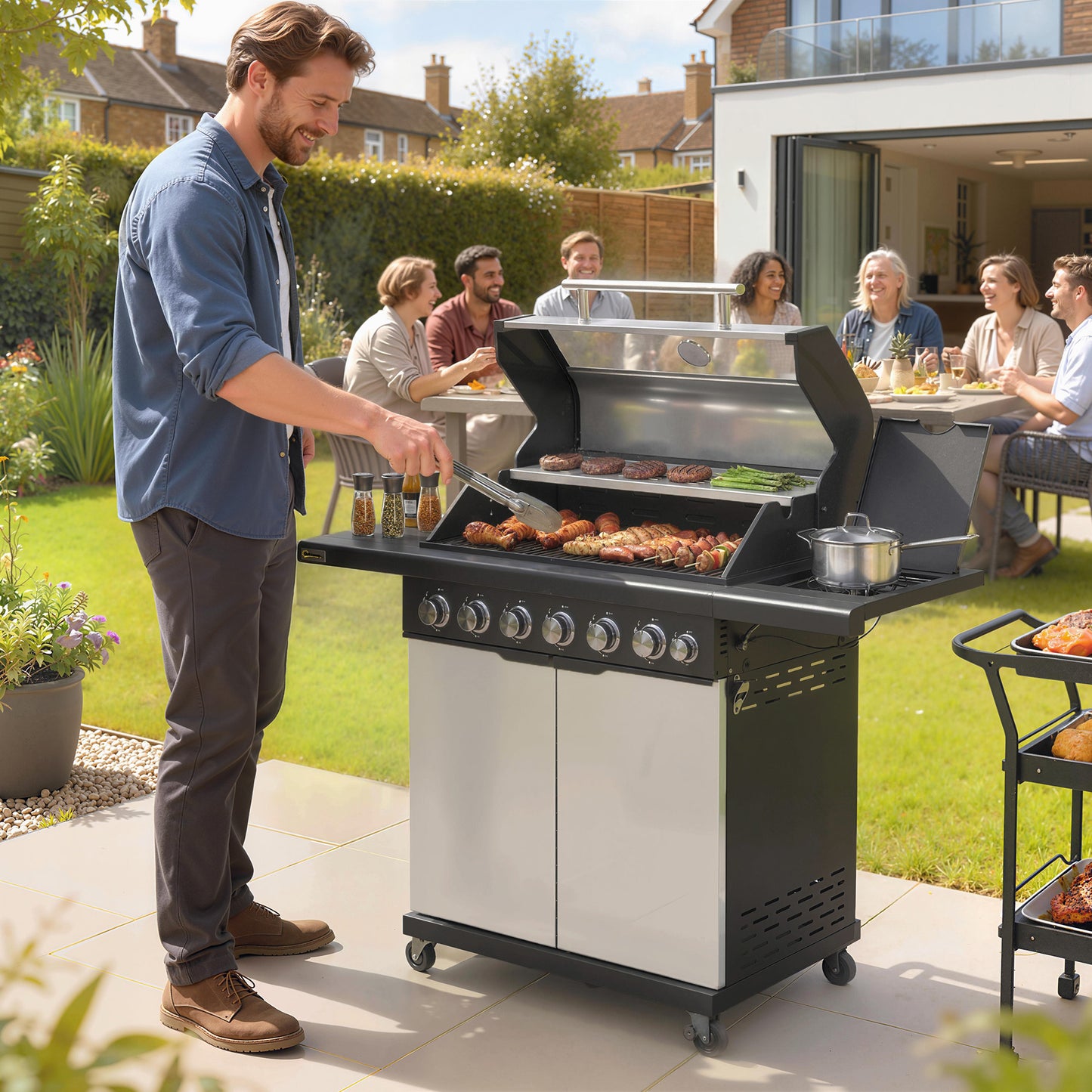 6+1 Burner Gas BBQ Grill, Outdoor Barbecue Trolley with Wheels