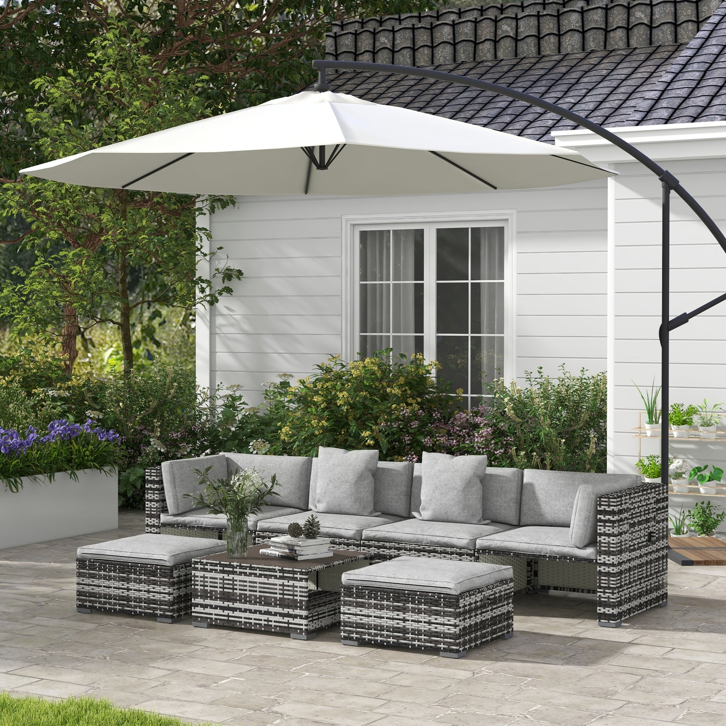 Seven-Piece Rattan Patio Furniture Set, with Cushions