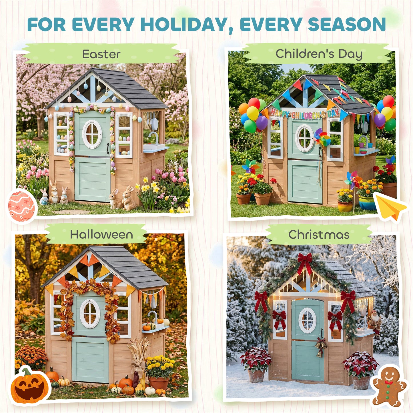 Wooden Playhouse for Kids, Wendy House with Pet Door, Play Kitchen