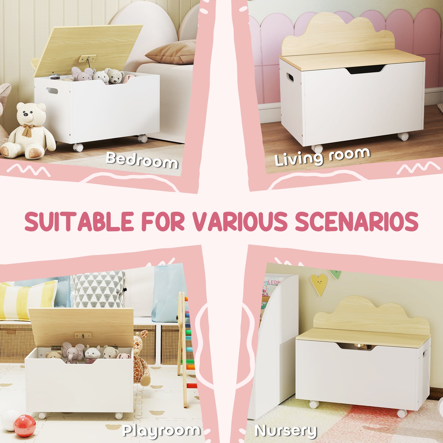 Toy Box with Lid, Toy Chest with Wheels and Safety Hinges