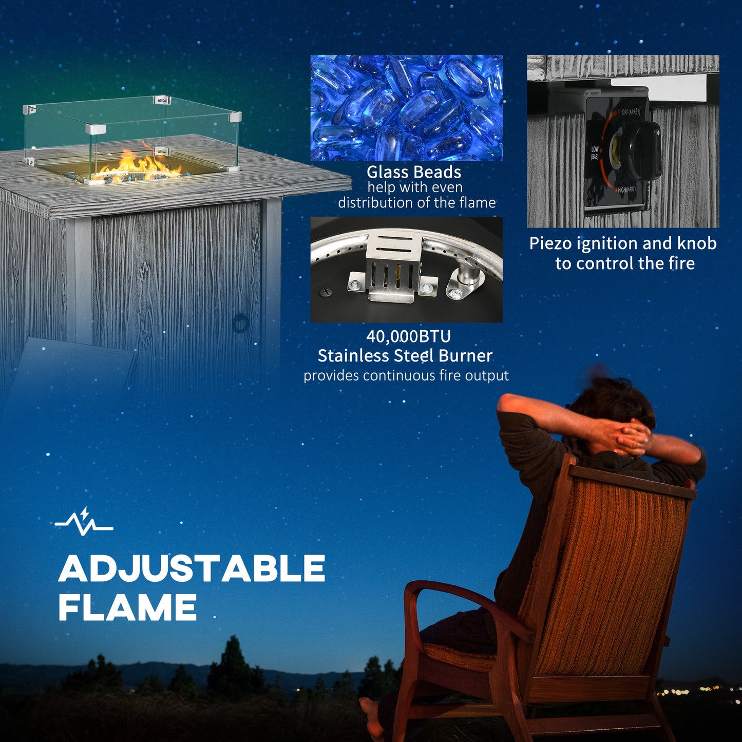 50,000 BTU Gas Fire Pit Table with Cover and Glass Screen
