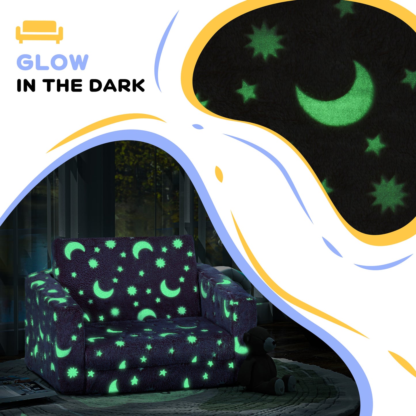 2 in 1 Kids Folding Bed Armchair with Glow in The Dark Cosmic Design