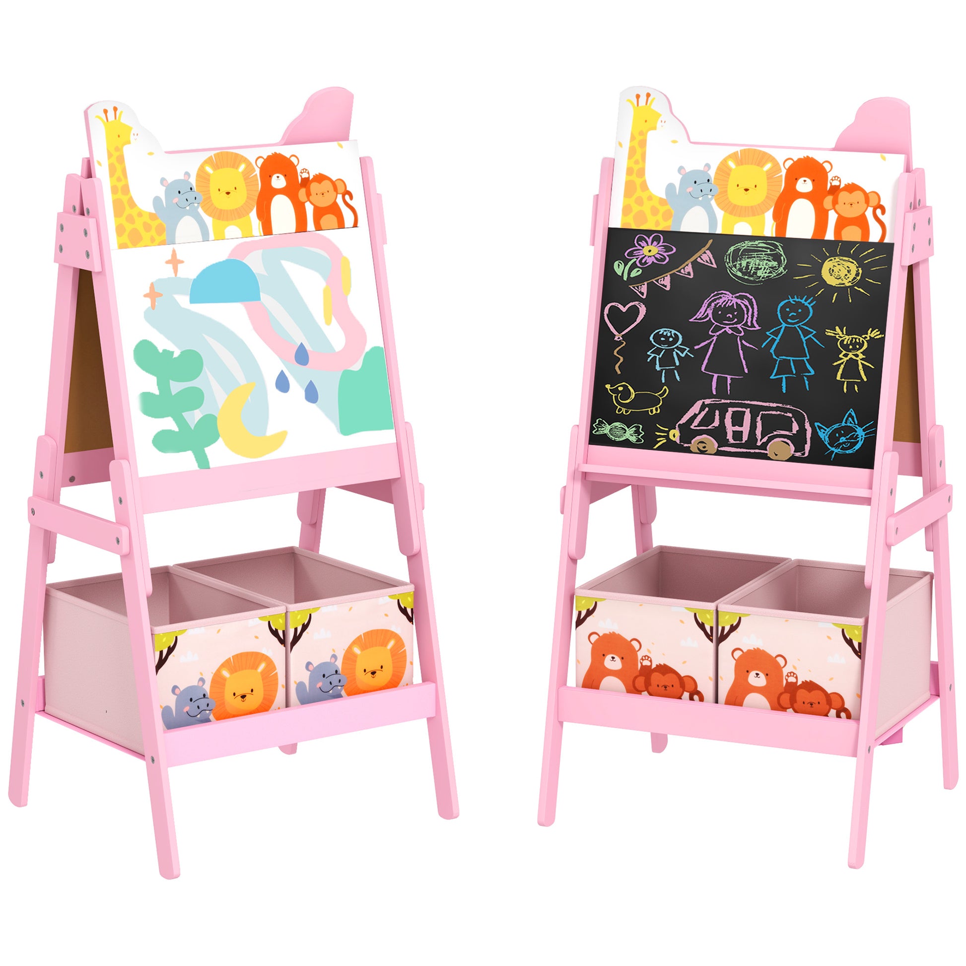2 in 1 Kids Easel with Whiteboard, Chalkboard, Storage Boxes