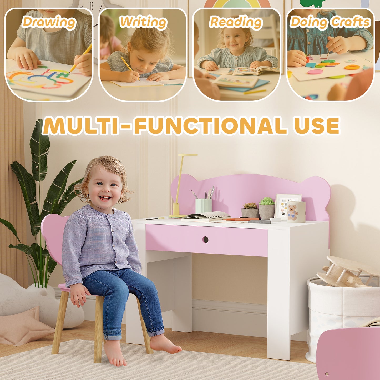 Kids Desk and Chair Set with Drawer for Drawing, Reading