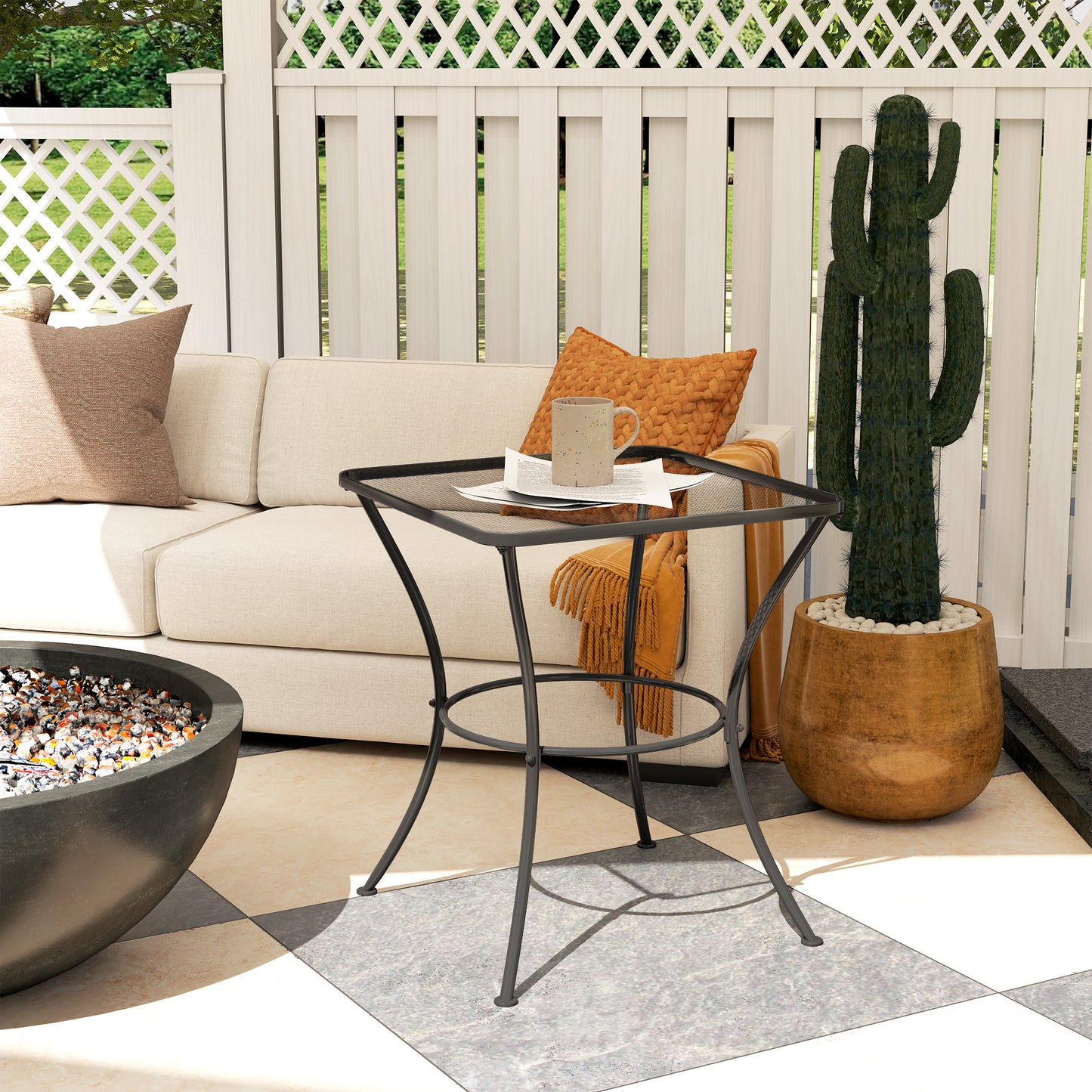 60cm Square Garden Table, Outdoor Metal Bistro Side Desk with Mesh Top