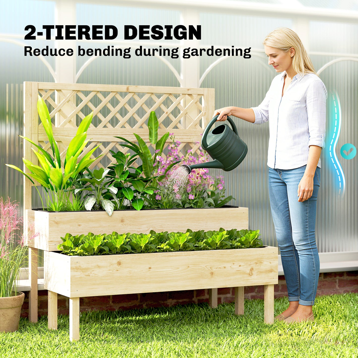 Raised Garden Bed 2-Tier Stepped Design Planter Box with Trellis