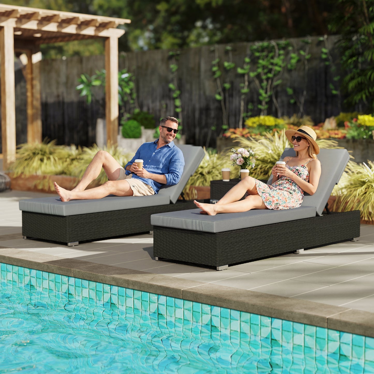 Rattan Sun Loungers Set of 2 with Side Table