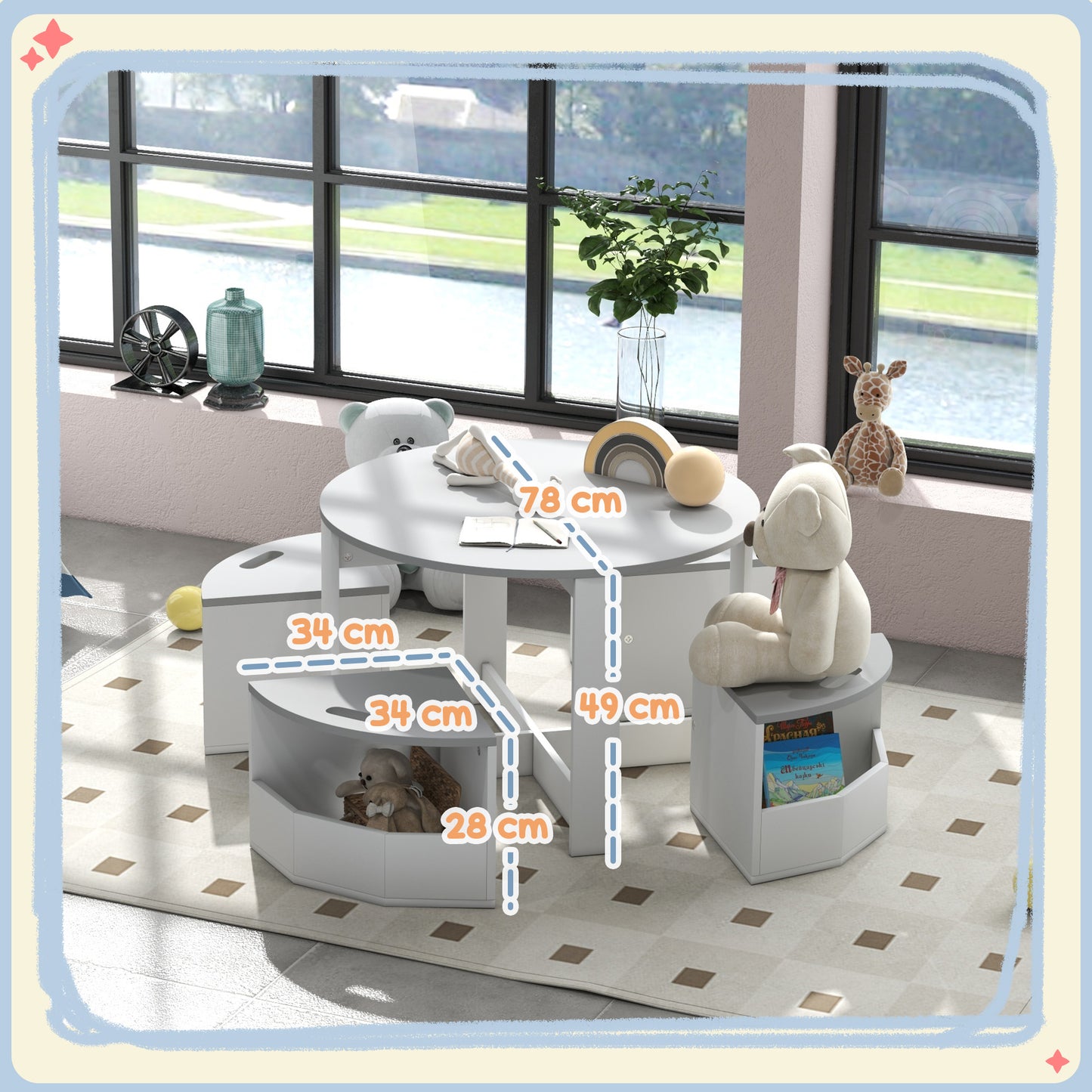 Five-Piece Kids Table and Chairs Set with Storage, for Ages 3-8 Years