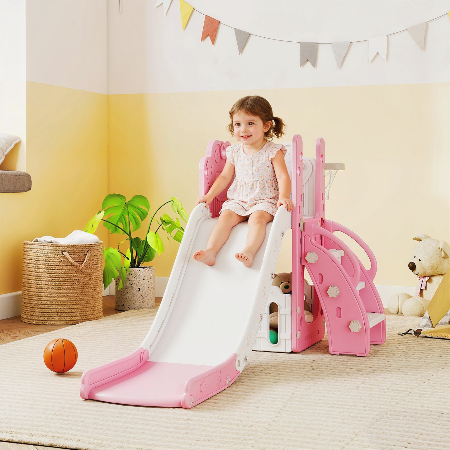 5 in 1 Kids Slide Set with Basketball Hoop, Climbing Frame
