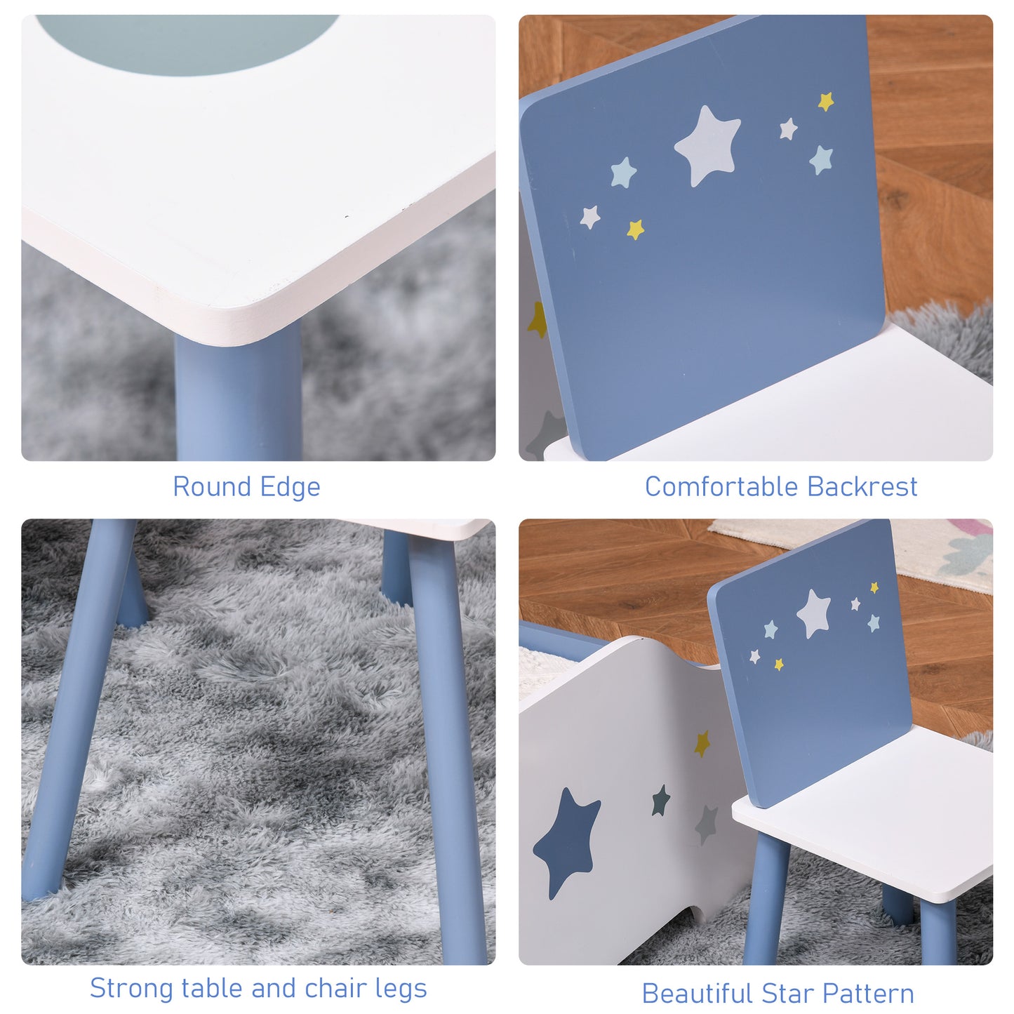 3 Pcs Kids Table & Chairs Set w/ Wood Legs Safe Corners Cute Stars