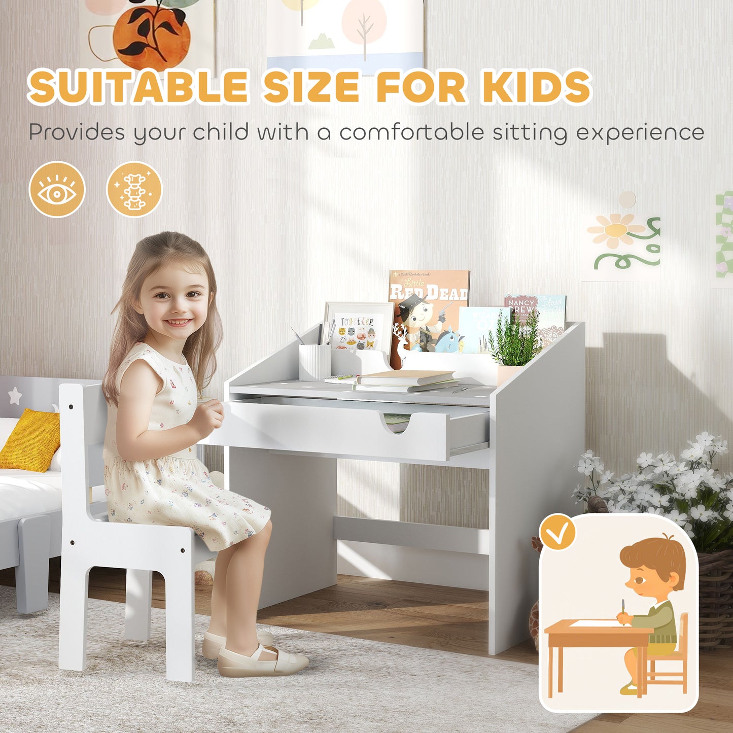 Children Study Table and Chair, Kids Desk and Chair Set with Storage