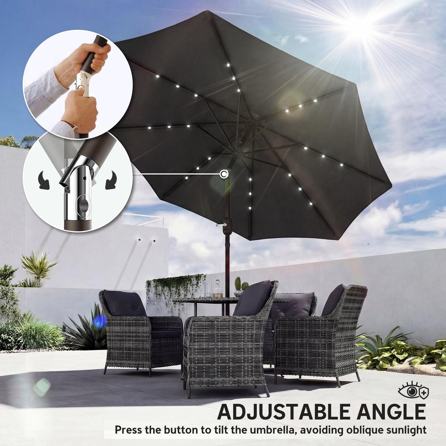 2.6 m Garden Parasol Umbrella with LED Solar Light, Parasol Cover