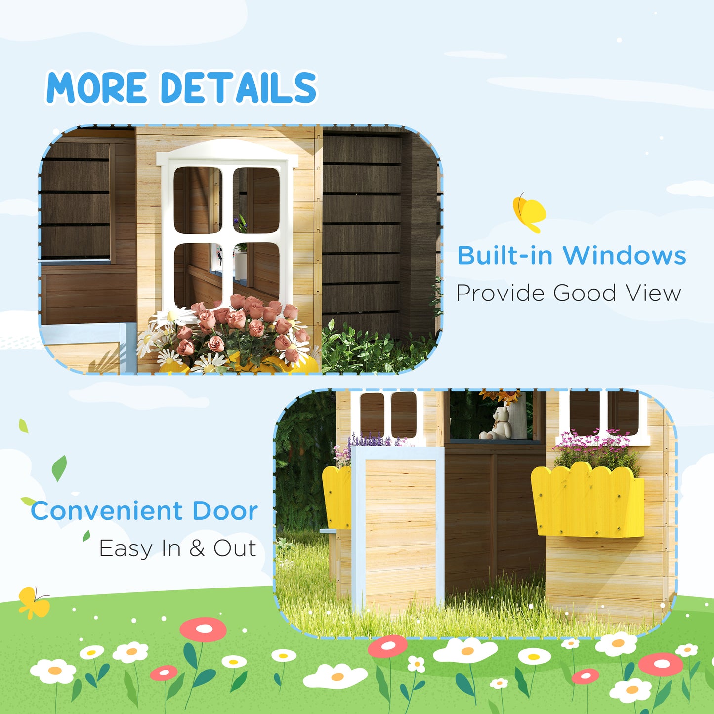 Wooden Playhouse, Wendy House w/ Door, Bench, Flowerpot Holder