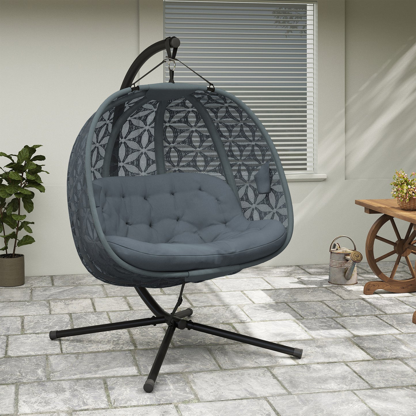 Outdoor Double Hanging Chair with Cushion and Cup Holders