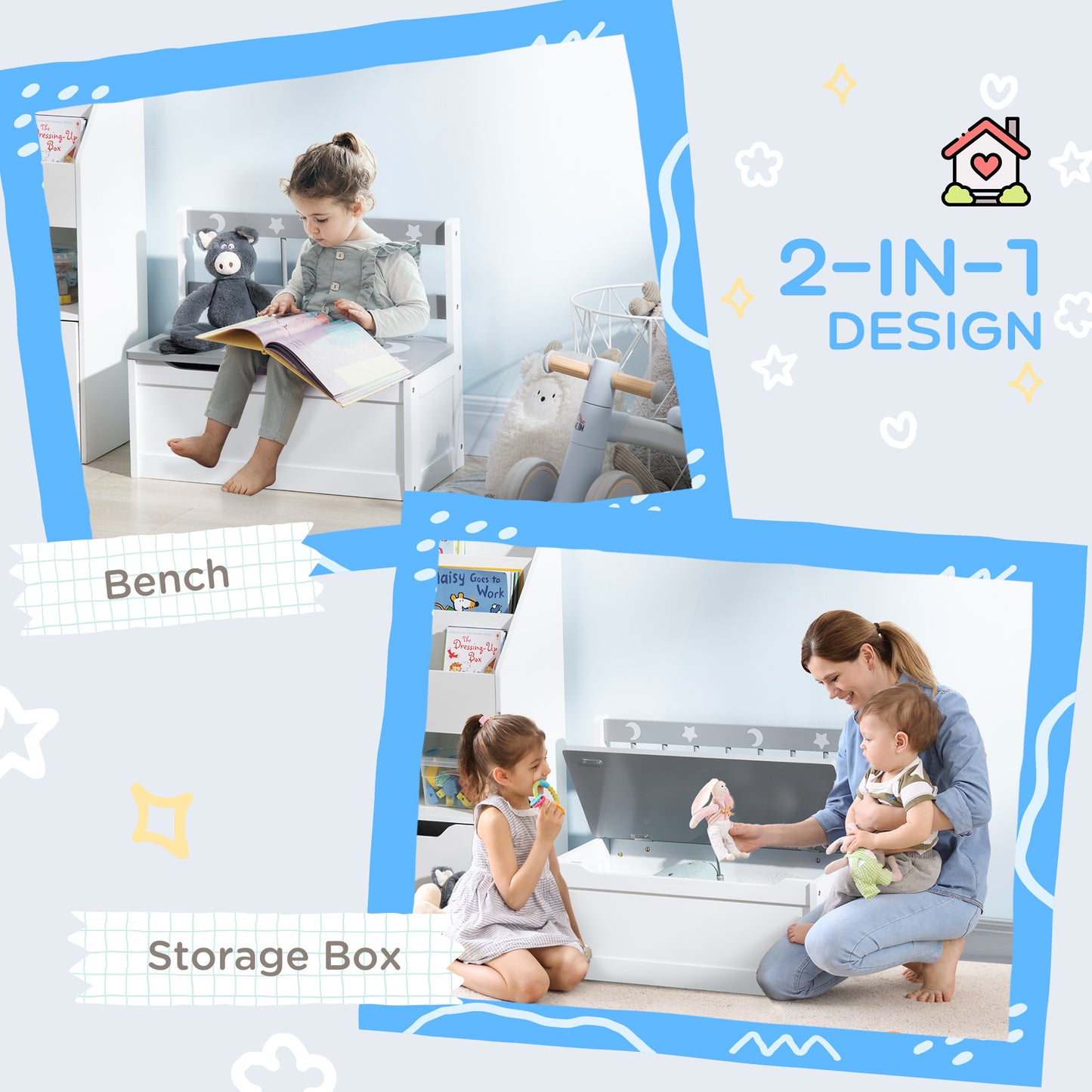 2 In 1 Kids Storage Bench, Toy Box w/ Safety Rod