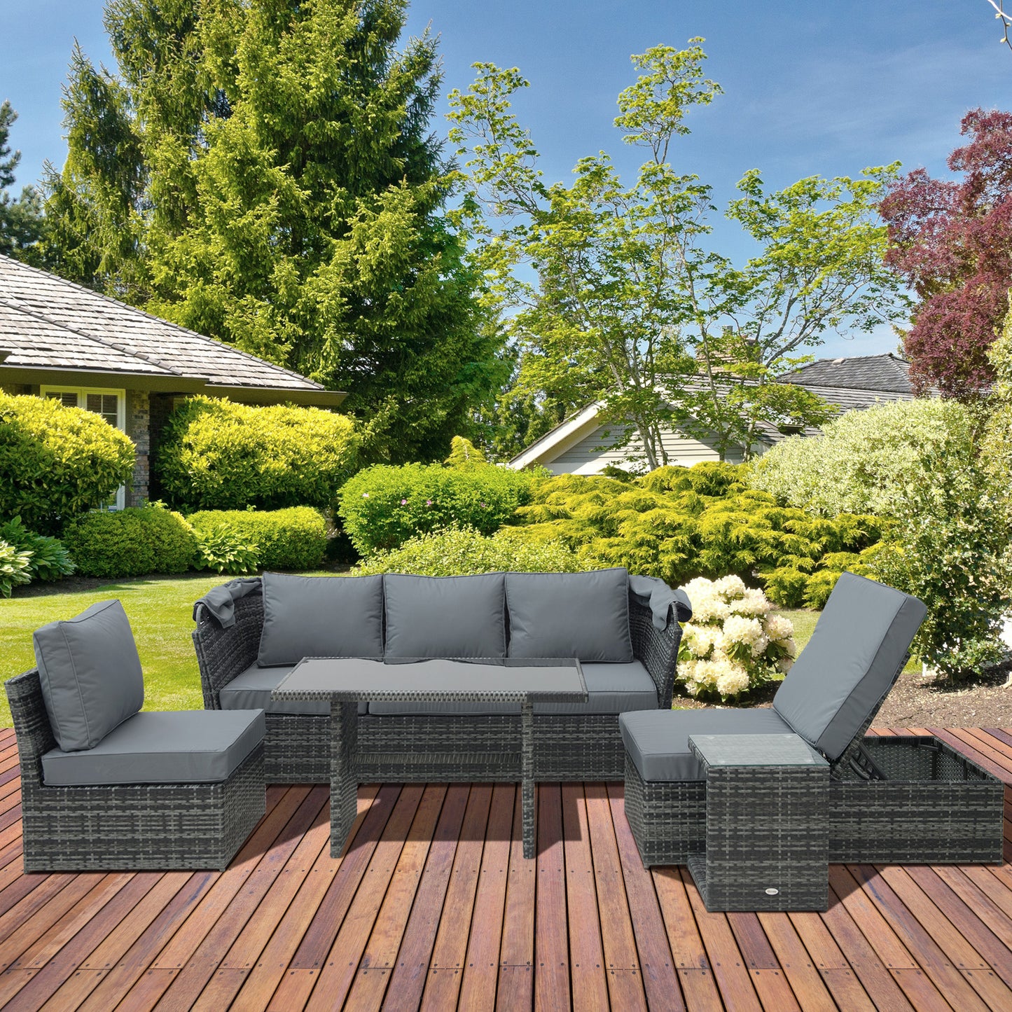 5 PCS Outdoor Rattan Wicker Sofa Sets Reclining Sofa Adjustable