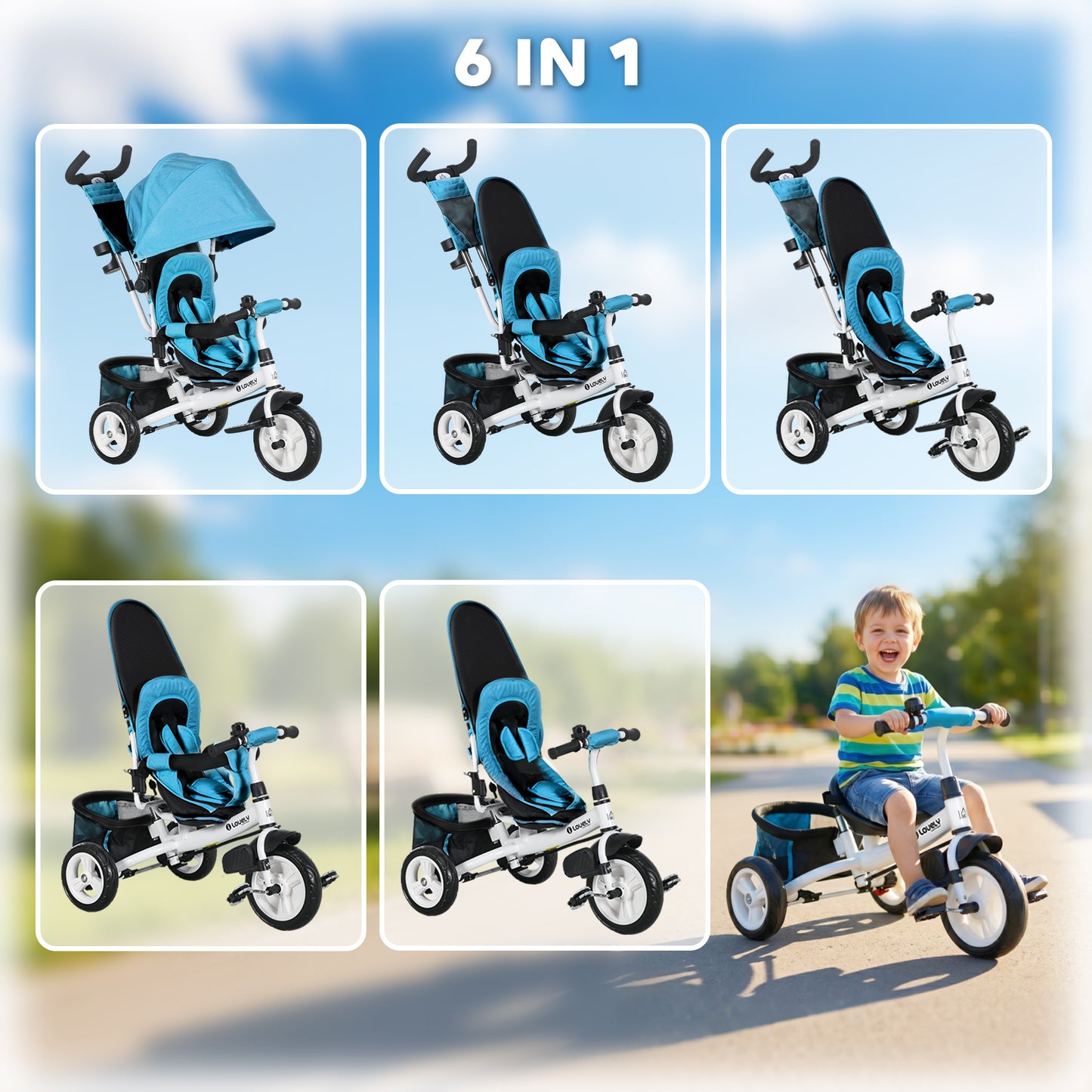 6 in 1 Kids Trike with Parent Handle, Canopy, 5-point Seat Belt (2)