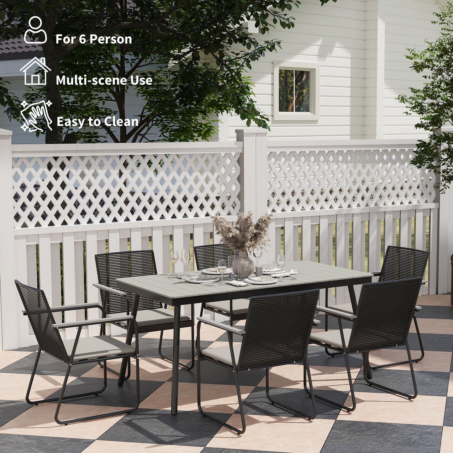 6 Seater Garden Dining Set with Soft Cushions, Rattan Backrest