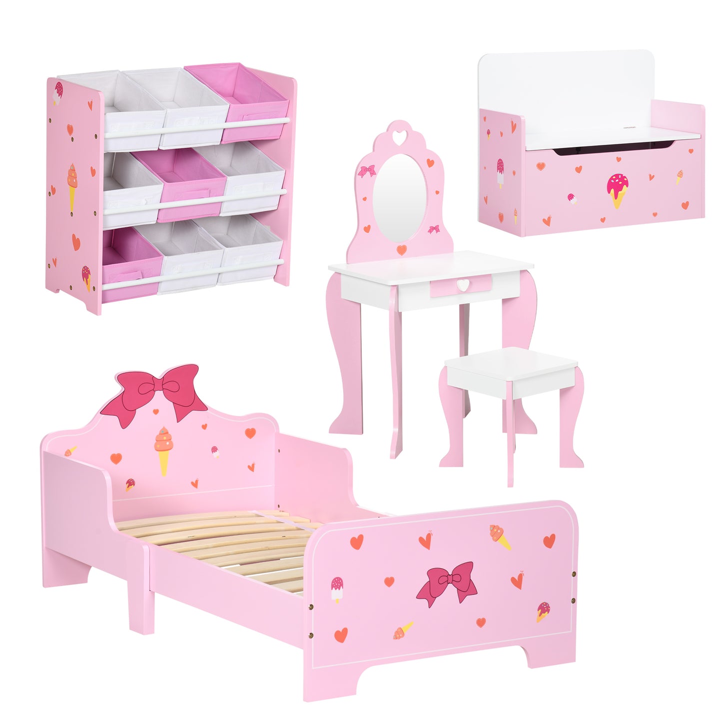 5PCs Kids Bedroom Furniture Set with Bed, Toy Box Bench