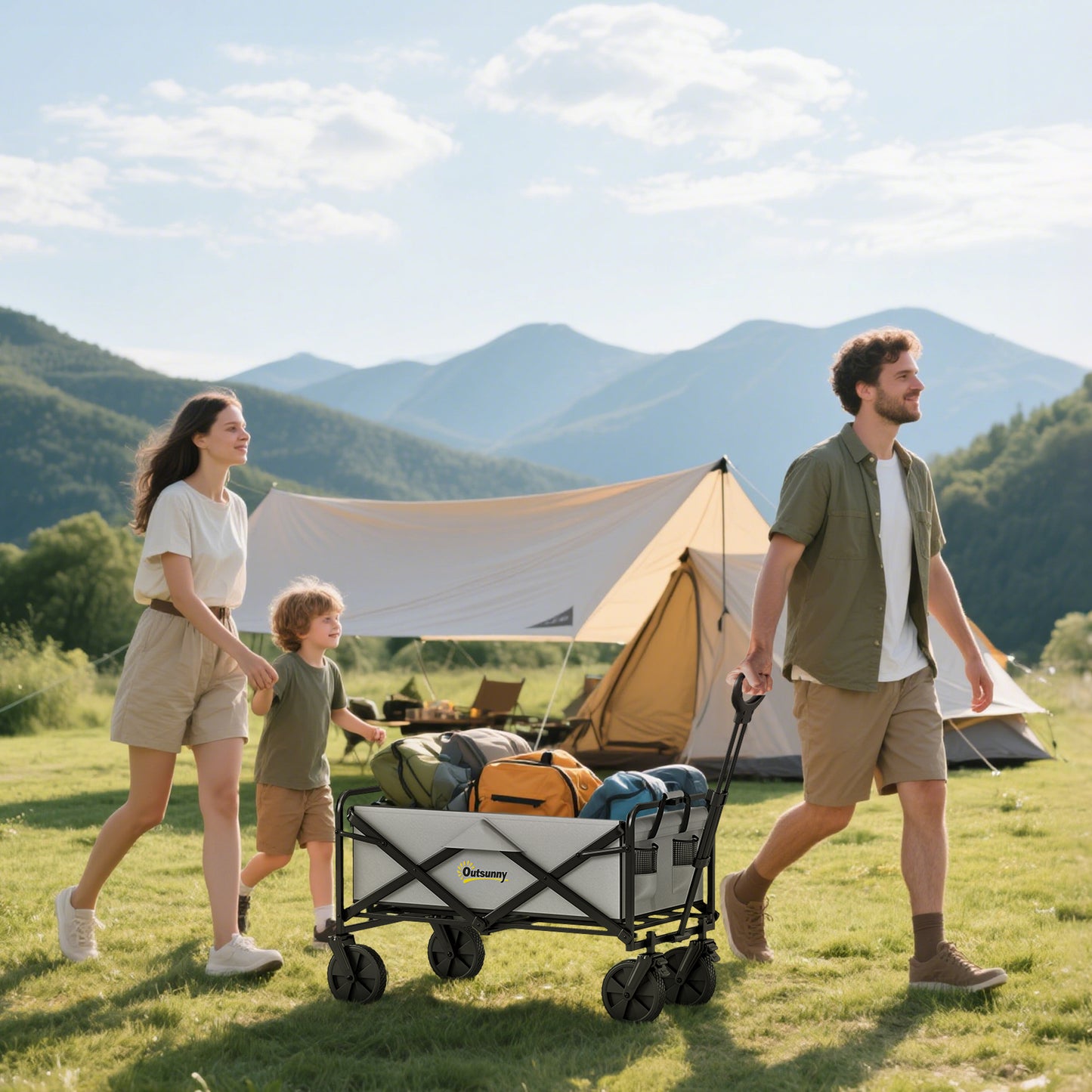 Folding Pull Along Cart Cargo Wagon Trolley with Telescopic Handle