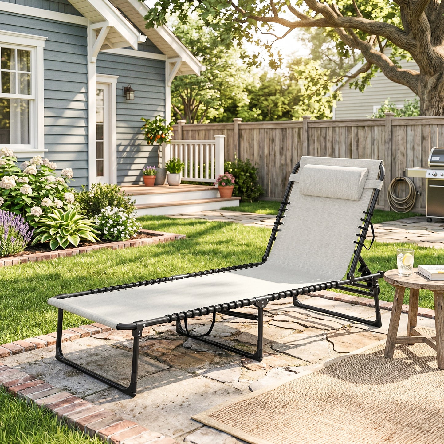 Foldable Sun Lounger, Outdoor 4 Level Adjustable Backrest Reclining