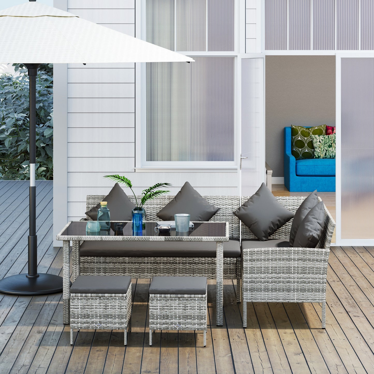 tsunny 6-Seater Rattan Dining Set Sofa Table Footstool Outdoor w/