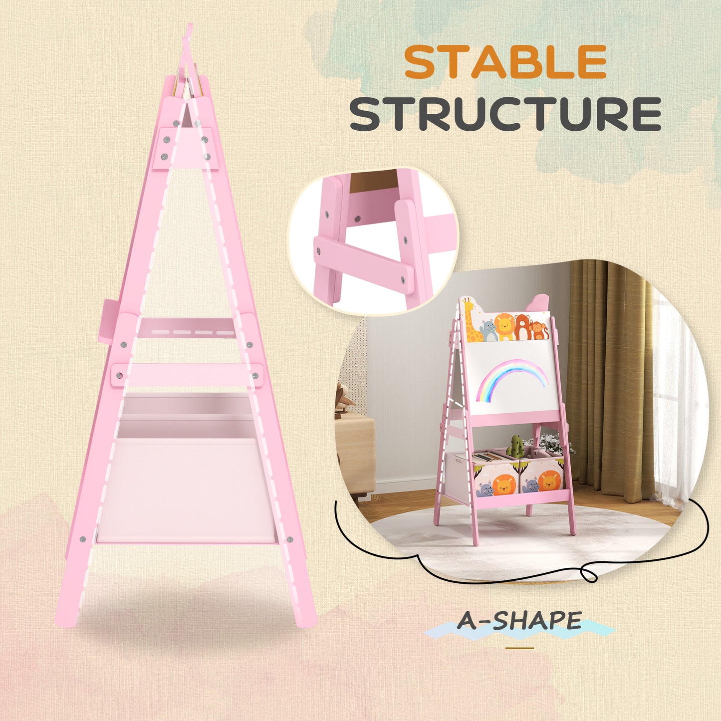 2 in 1 Kids Easel with Whiteboard, Chalkboard, Storage Boxes