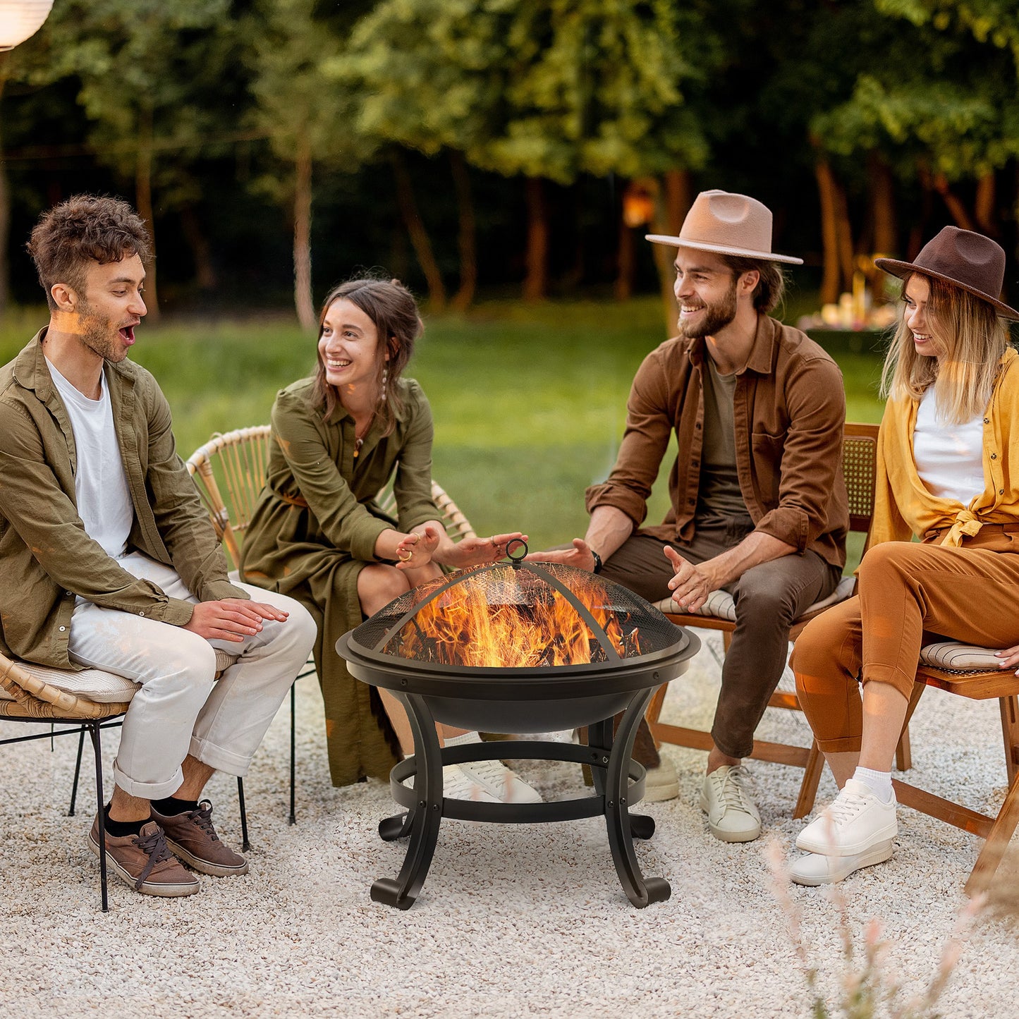 Outdoor Fire Pit, Firepit with Mesh Lid, Poker, for Camping, Bonfire