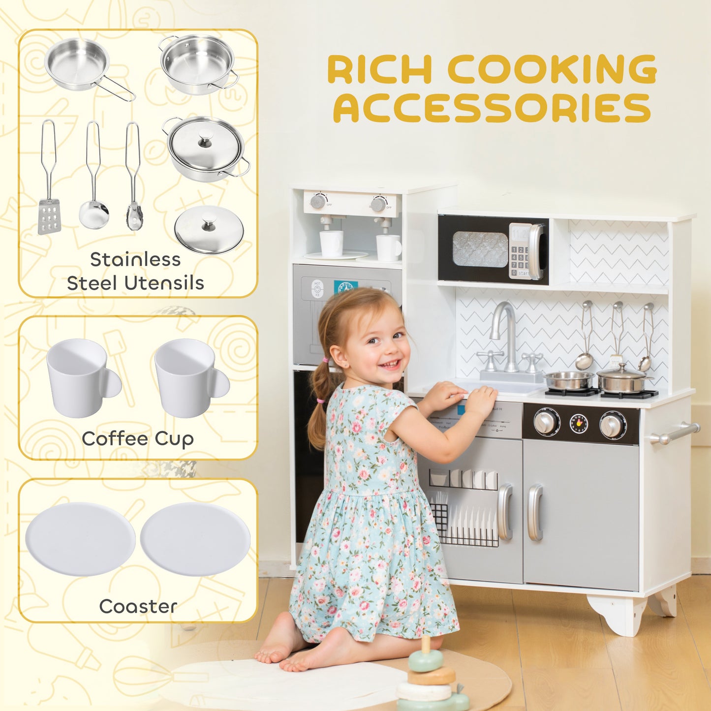 Kids Play Kitchen with Sound, Ice/Coffee Maker, Utensils, Microwave