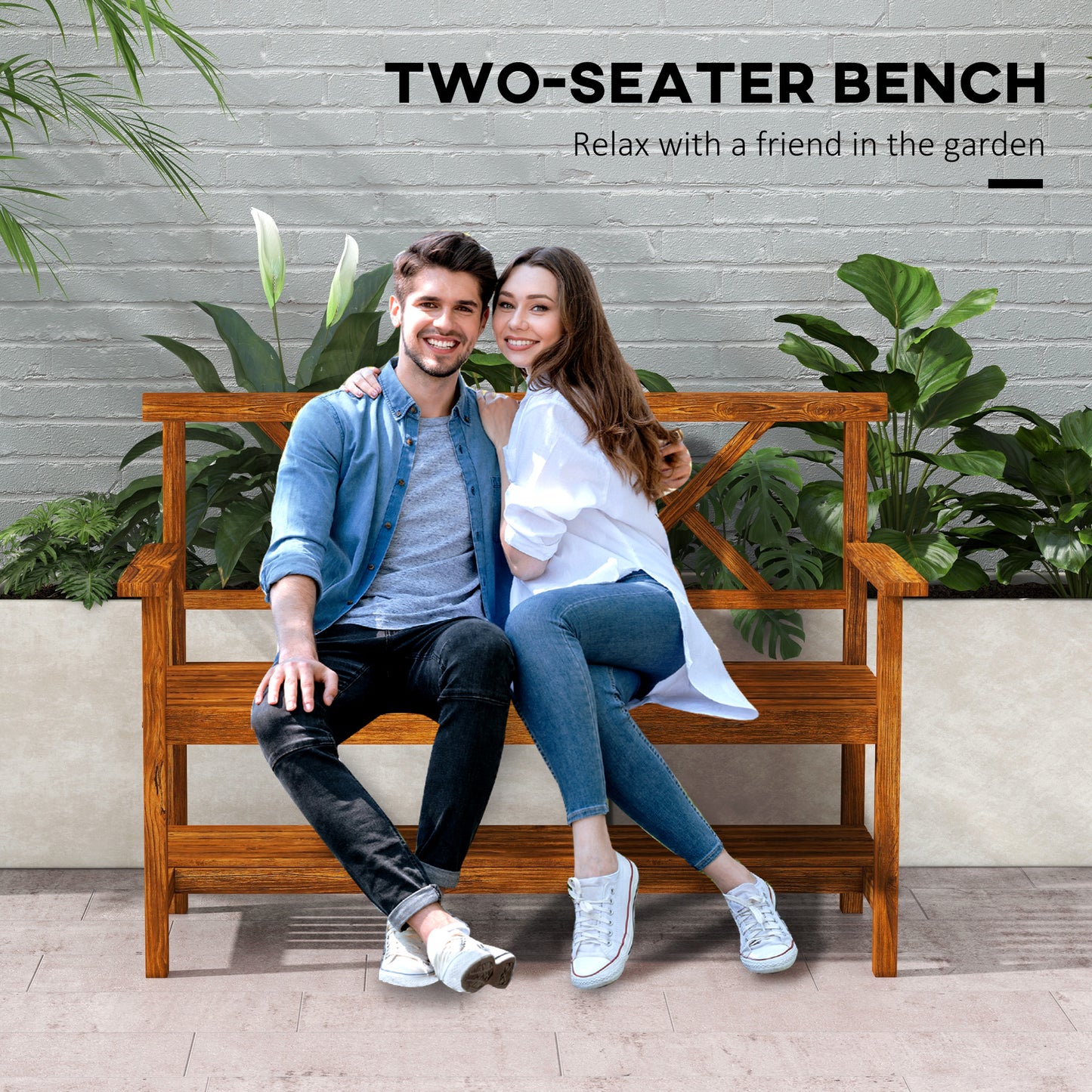Two-Seater Fir Wood Bench, with Bottom Shelf