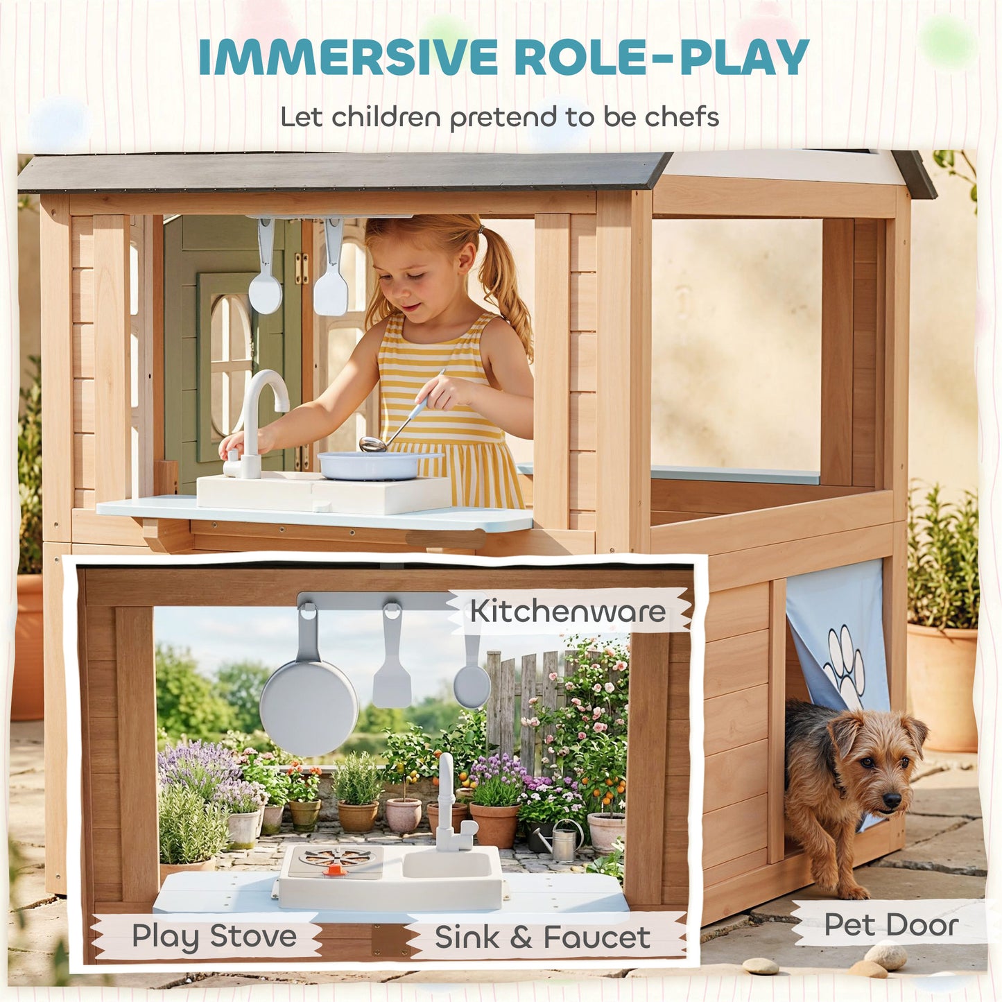 Wooden Playhouse for Kids, Wendy House with Pet Door, Play Kitchen